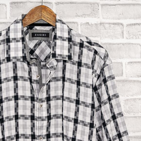 ZAGIRI Men's Button up Shirt in White Gray Grid check flip cuffs sz 2XL - Picture 1 of 6
